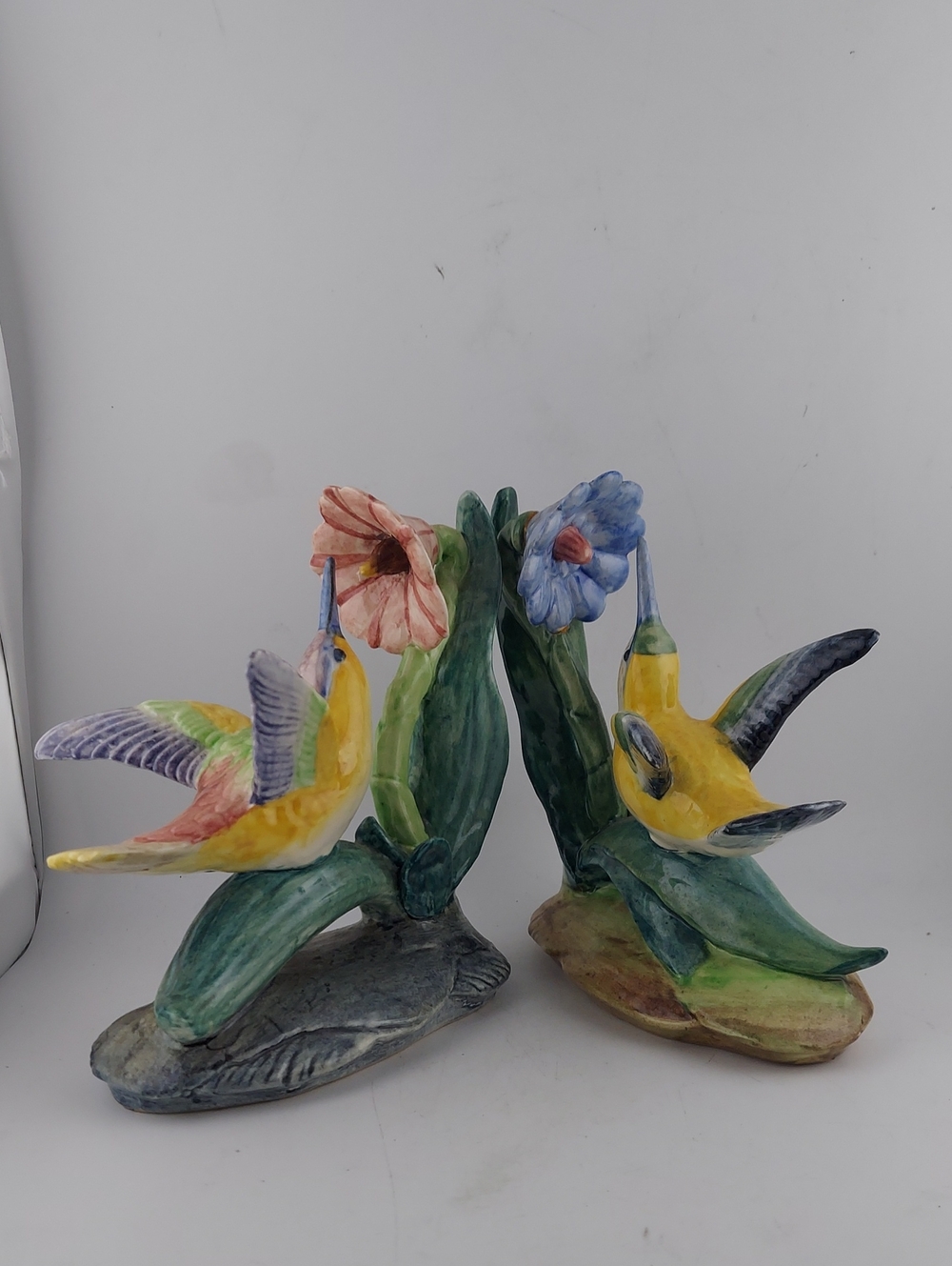 Stangl,Hand-Painted Ceramic Hummingbird Pair with Flowers - Yellow & Multicolor